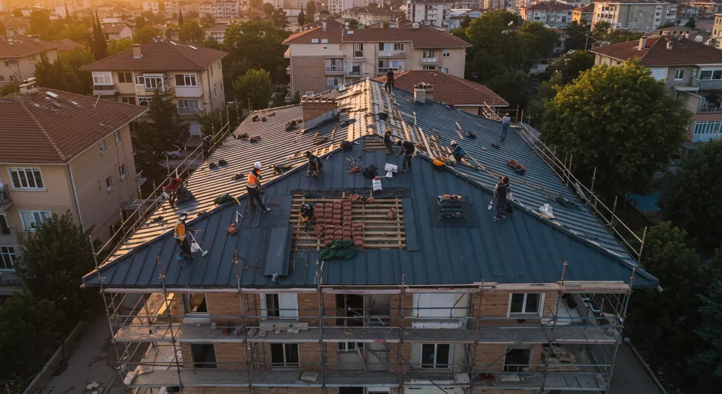 Ankara'da eski çatı yenileme uygulaması — eski ve yıpranmış kaplama sökülüp yeni kenet metal çatı paneli montajı yapılıyor